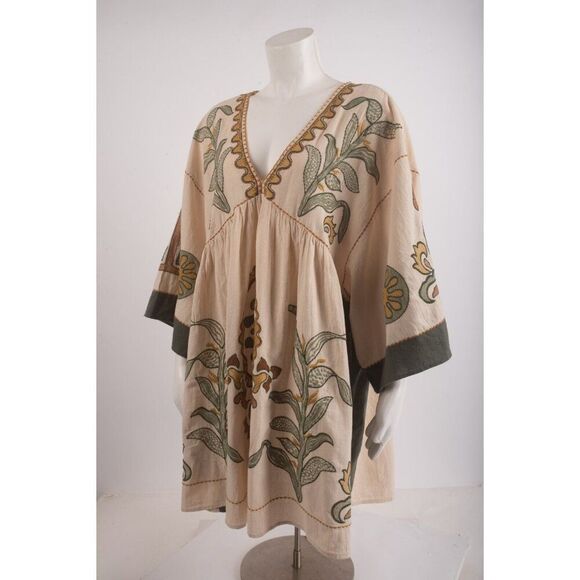 Zara Womens Mini Dress Kaftan M Beige Embroidered Linen Blend 5107/055 NWT - Picture 5 of 7